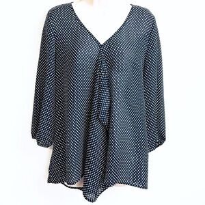 NEW Spense Semi Sheer Relaxed Fit Dot Blouse V Neck Blue White Large Pullover